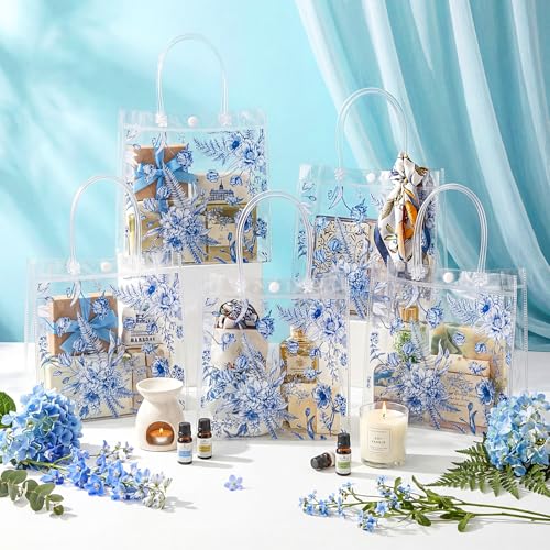 Kacctyen 24 Pcs Gift Bags for Party Favor Clear Goodie Bags with Handle 7.87 x 7.87 x 3.15 Return Gift Wrap Totes for Guests Treat Candy Wrapping (Blue Floral) - Image 3