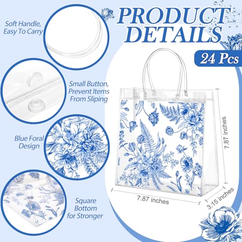 Kacctyen 24 Pcs Gift Bags for Party Favor Clear Goodie Bags with Handle 7.87 x 7.87 x 3.15 Return Gift Wrap Totes for Guests Treat Candy Wrapping (Blue Floral) - Image 2