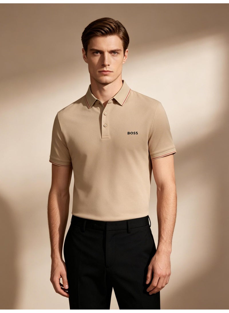 BOSS Men Short Sleeve Tipped Collar Polo Shirt Slim Fit Office Casual Daily Holiday Summer Wear Khaki - Image 1