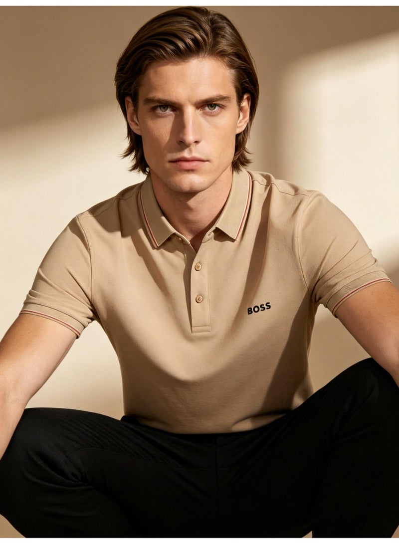 BOSS Men Short Sleeve Tipped Collar Polo Shirt Slim Fit Office Casual Daily Holiday Summer Wear Khaki - Image 2