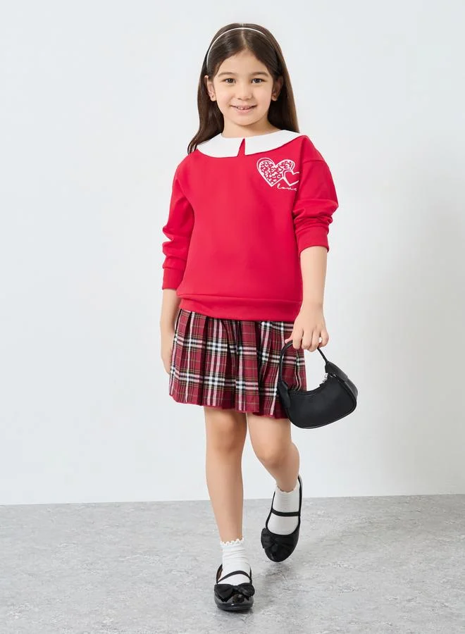 Styli Styli Girls Red Long Sleeve Top and Checked Skirt Set