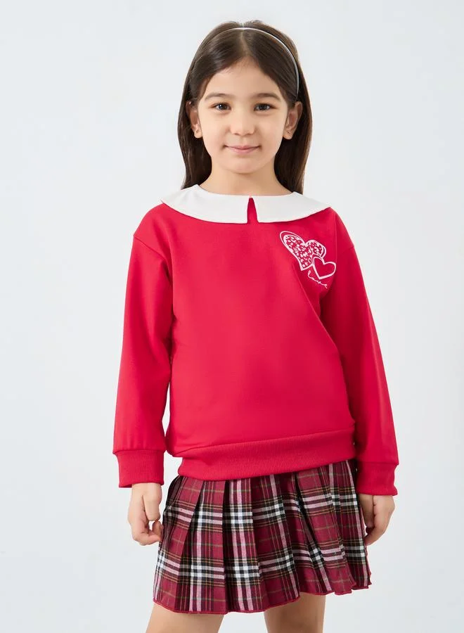 Styli Styli Girls Red Long Sleeve Top and Checked Skirt Set