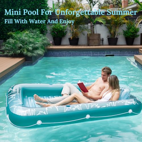 Sunrio Inflatable Tanning Pool Lounger Float for Adults - Blow up Pool & Lake floaties Sunbathing Tub Tanning Bed with Pillow and Drink Holders for Backyard, Beach, Summer Water Party, XL-Clear Green - Image 4