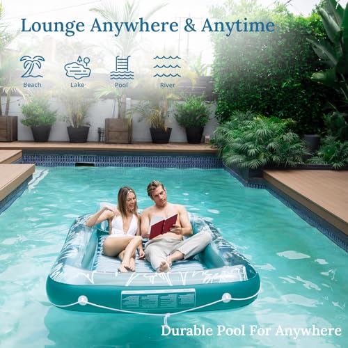 Sunrio Inflatable Tanning Pool Lounger Float for Adults - Blow up Pool & Lake floaties Sunbathing Tub Tanning Bed with Pillow and Drink Holders for Backyard, Beach, Summer Water Party, XL-Clear Green - Image 5