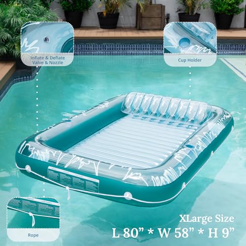 Sunrio Inflatable Tanning Pool Lounger Float for Adults - Blow up Pool & Lake floaties Sunbathing Tub Tanning Bed with Pillow and Drink Holders for Backyard, Beach, Summer Water Party, XL-Clear Green - Image 3