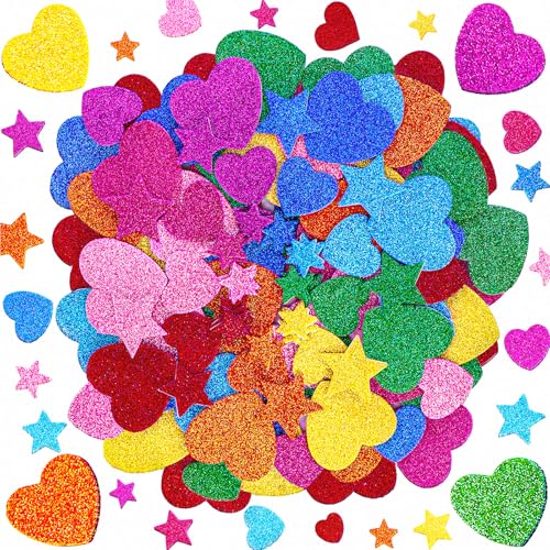 Natonhi 450 Pieces Glitter Foam Heart Stickers, Colorful Self Adhesive Foam Heart Mini Star Stickers for Kid's Arts and Crafts Supplies School Projects Greeting Card Home Decorations - Image 1