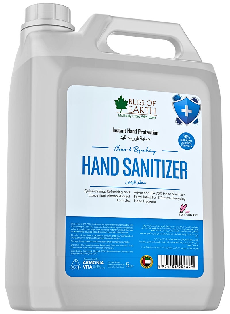 Bliss of Earth Hand Sanitizer Gel 5L – 70% IPA Instant Germ Protection, Quick-Dry Non-Sticky Formula with Moisturizer – Bulk Refill Pack for Home, Office, Clinic, Salon & School Dispensers - Image 1