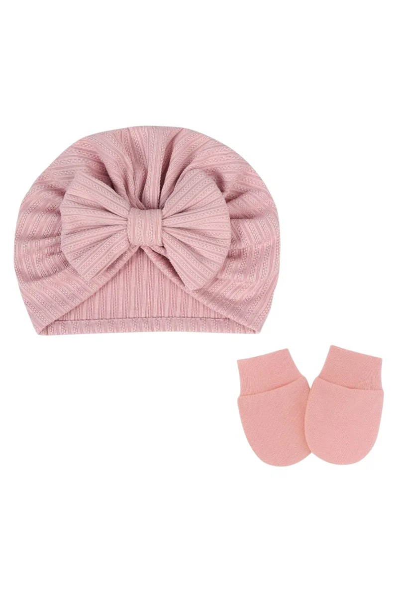 Bambimici Babybow Turban Hat And Mittens Dark Pink