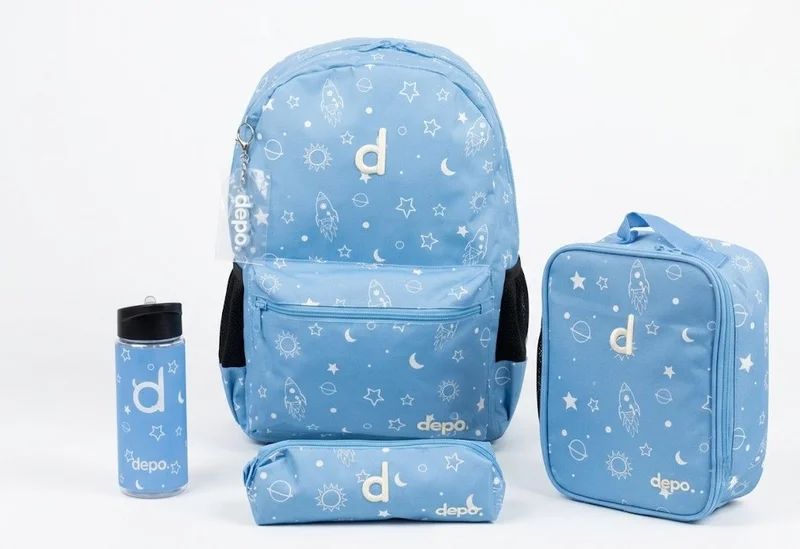 Depo DEPO 4-Piece School Set for Kids – Light Blue Space Pattern, 44cm Backpack with Insulated Lunch Bag, Pencil Case & 500ml Water Bottle
