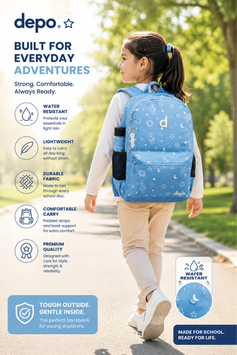 Depo DEPO 4-Piece School Set for Kids – Light Blue Space Pattern, 44cm Backpack with Insulated Lunch Bag, Pencil Case & 500ml Water Bottle