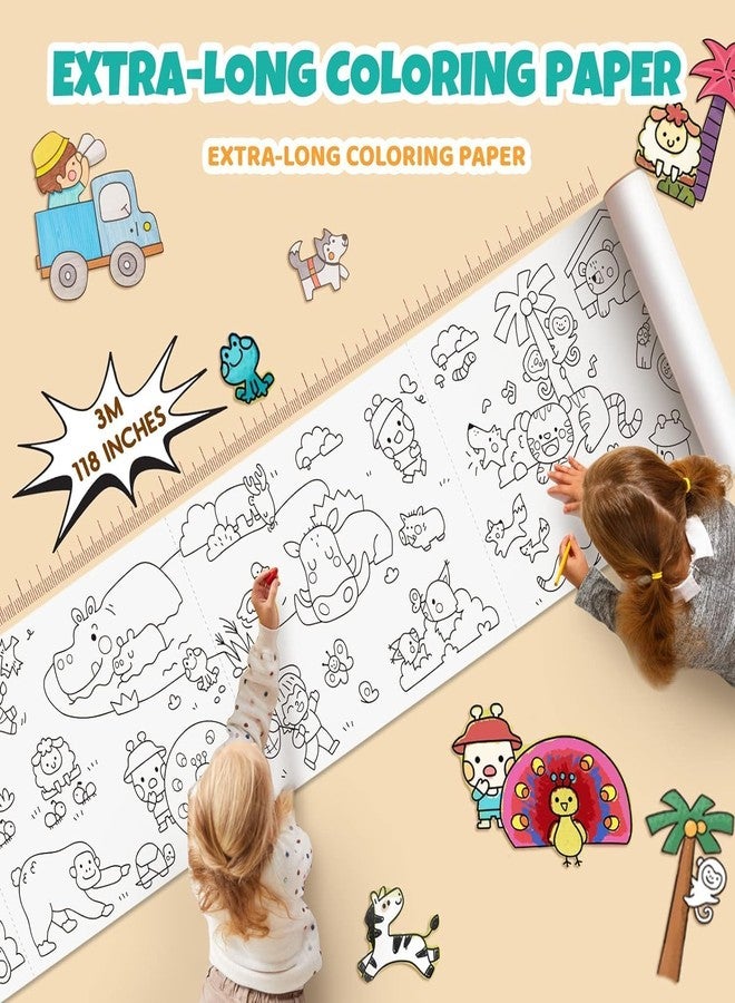 ABTER Extra-Long Jumbo Coloring Paper Roll with Cartoon Animal Illustrations, Self-Adhesive Stickable Coloring Sheet for Kids - Image 2