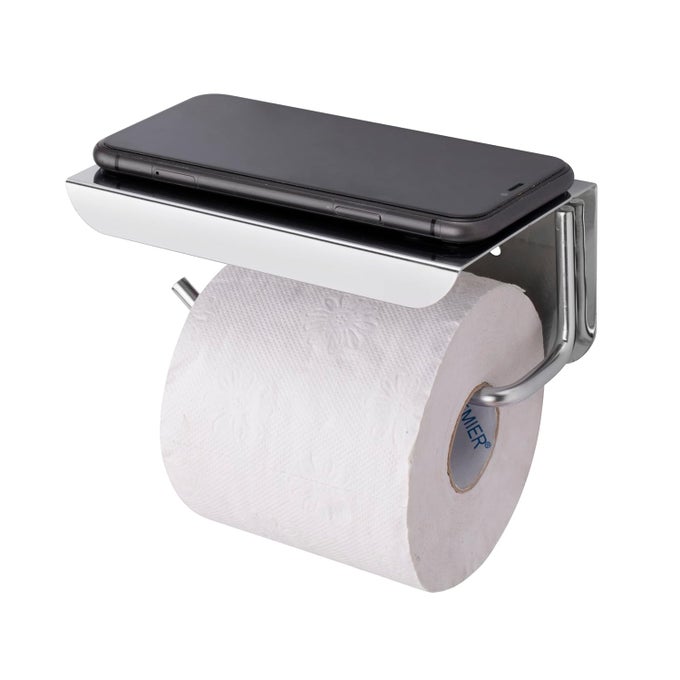 SELF ADHESIVE AND WALL MOUNT STAINLESS STEEL TOILET PAPER HOLDER WITH MOBILE STAND WALL MOUNTED TISSUE PAPER HOLDER WITH SHELF TOILET PAPER ROLL HOLDER FOR BATHROOM WITH NICKEL CHROME