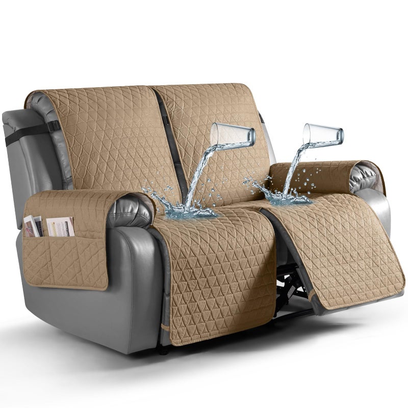 TAOCOCO 100 Waterproof Recliner Cover NonSlip Washable Reclining Couch Cover with Elastic Leg Straps Furniture Protector for Dogs Camel 2 Seater