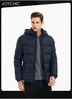 Joychic Men Down Jackets & Coats Lightweight Light Full Zip Up Puffy Puff Bubble Insulated Winter Warm Hooded Coat Outdoor Travel Slim Fit Puffer Jacket with Hood Navy Blue  - Image 2