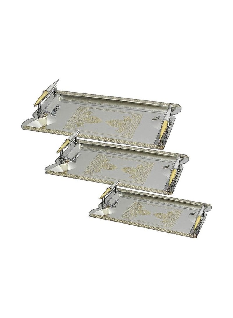طقم صواني تقديم مستطيلة مع مقبض 3 قطع مقاسات مختلفة، فضي وذهبي - Image 1