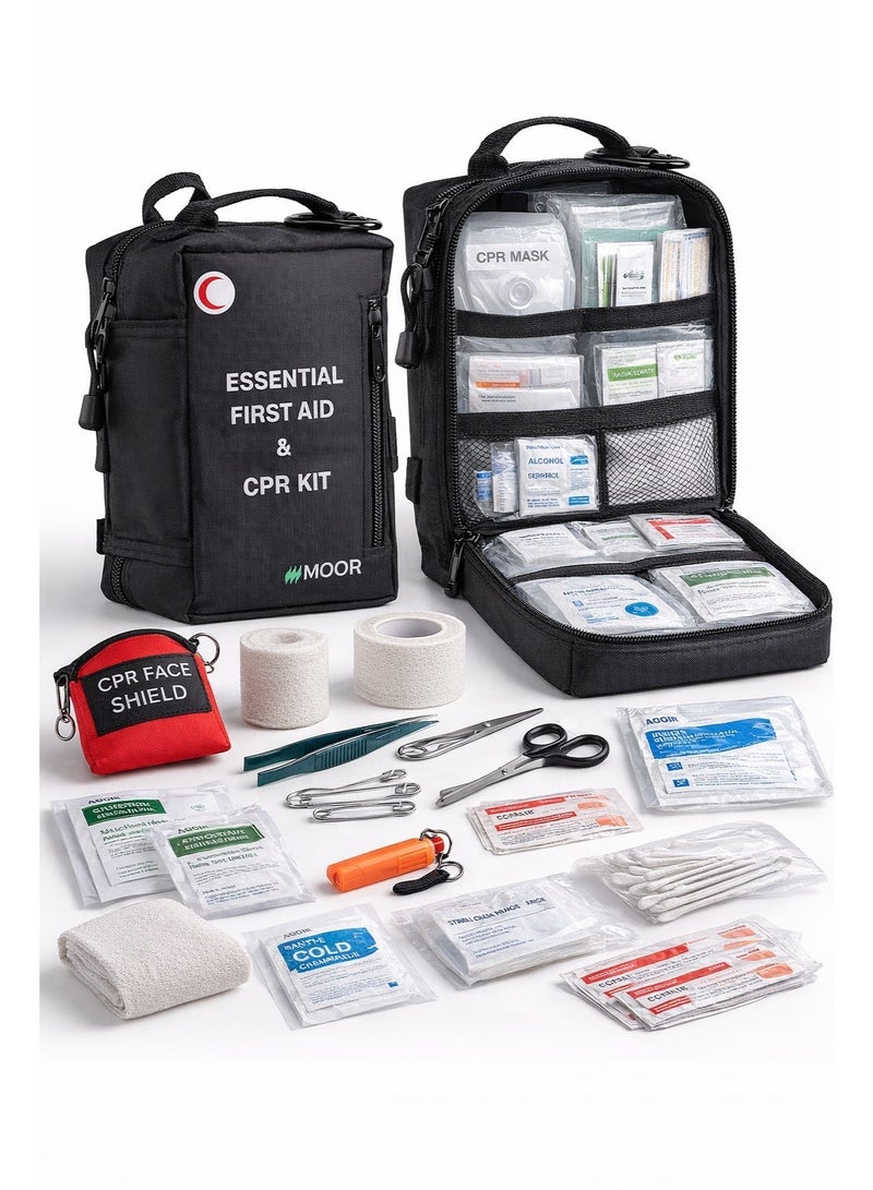 MOOR First Aid & CPR Kit – Compact Medical & Survival Kit with Essentials for Travel, Camping, Hiking & Emergencies - Black - Image 2