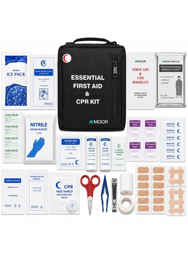 MOOR First Aid & CPR Kit – Compact Medical & Survival Kit with Essentials for Travel, Camping, Hiking & Emergencies - Black