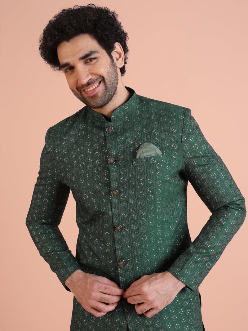 KISAH Kurta Sherwani Set for Men – Silk Blend Jacquard Textured Indo Western Kurta with Churidar | Designer Ethnic Outfit for Weddings & Festivals, Green, 42 - Image 4