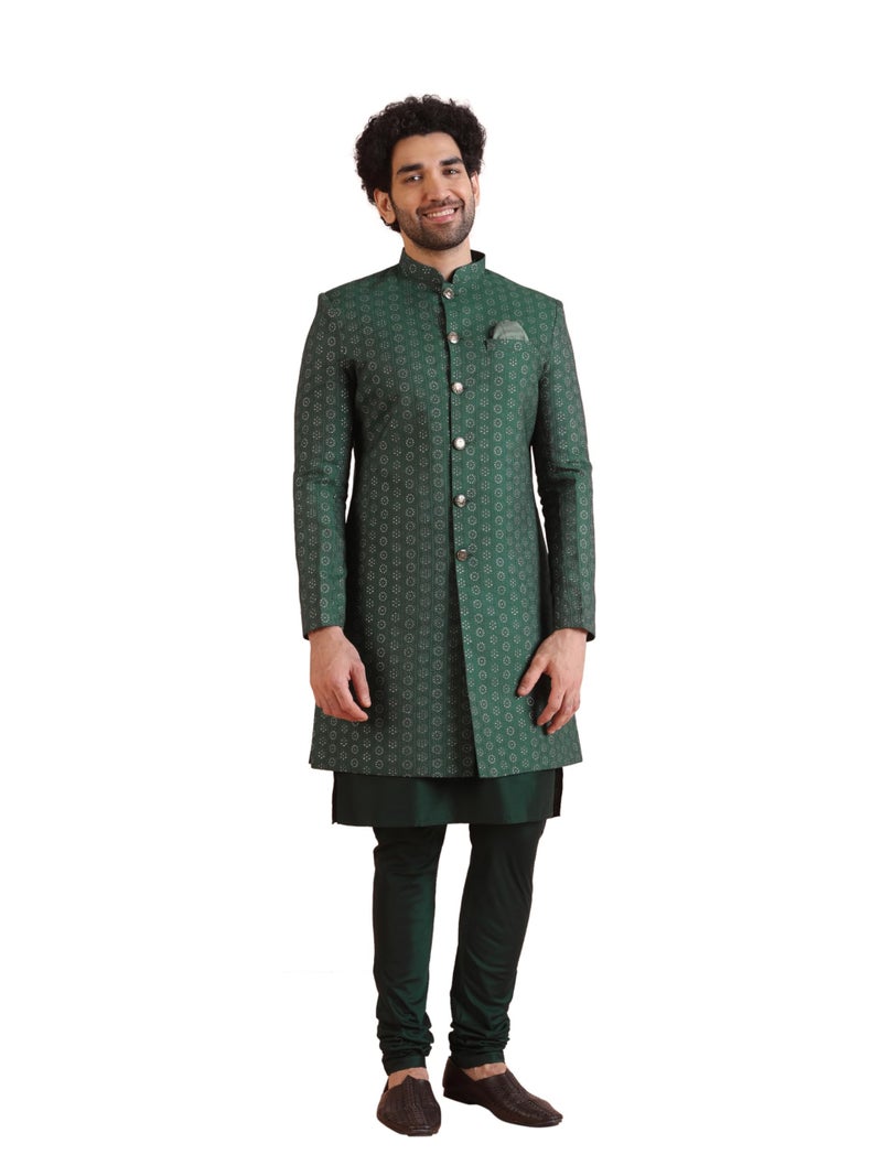 KISAH Kurta Sherwani Set for Men – Silk Blend Jacquard Textured Indo Western Kurta with Churidar | Designer Ethnic Outfit for Weddings & Festivals, Green, 42 - Image 1