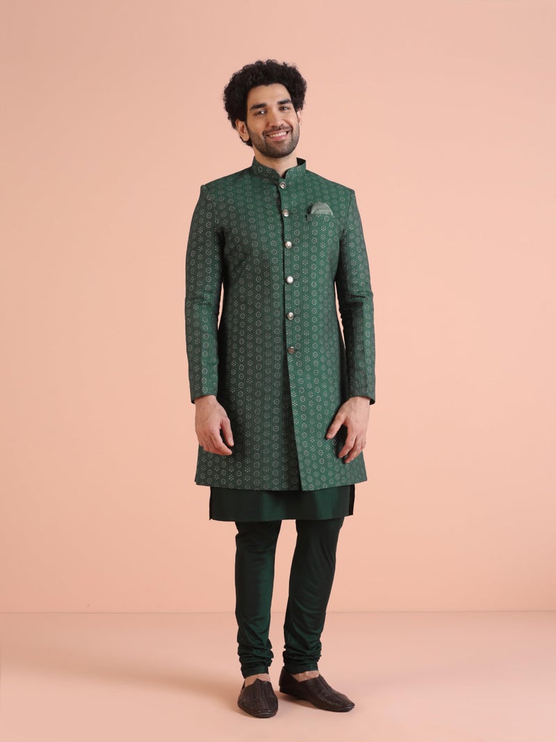 KISAH Kurta Sherwani Set for Men – Silk Blend Jacquard Textured Indo Western Kurta with Churidar | Designer Ethnic Outfit for Weddings & Festivals, Green, 42 - Image 5