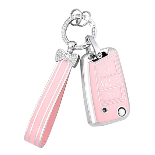 PIFOOG Key Fob Cover for Volkswagen VW Tiguan Jetta Golf GTI Altas S Pink 4 Button Car Keys Case Shell Full Covers Accessories Bling Keychain Protector Girly Women TPU - Image 1