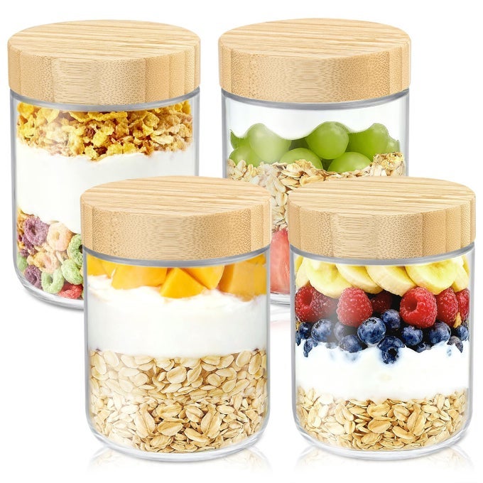 16 OZ OVERNIGHT OATS CONTAINERS WITH BAMBOO LIDS 4 PACK GLASS STORAGE JARS WITH AIRTIGHT LIDS WIDE MOUTH MASON FOOD JARS GREAT FOR MEAL PREP SALAD CHIA PUDDING SNACKS YOGURT SUGAR SPICE CEREAL