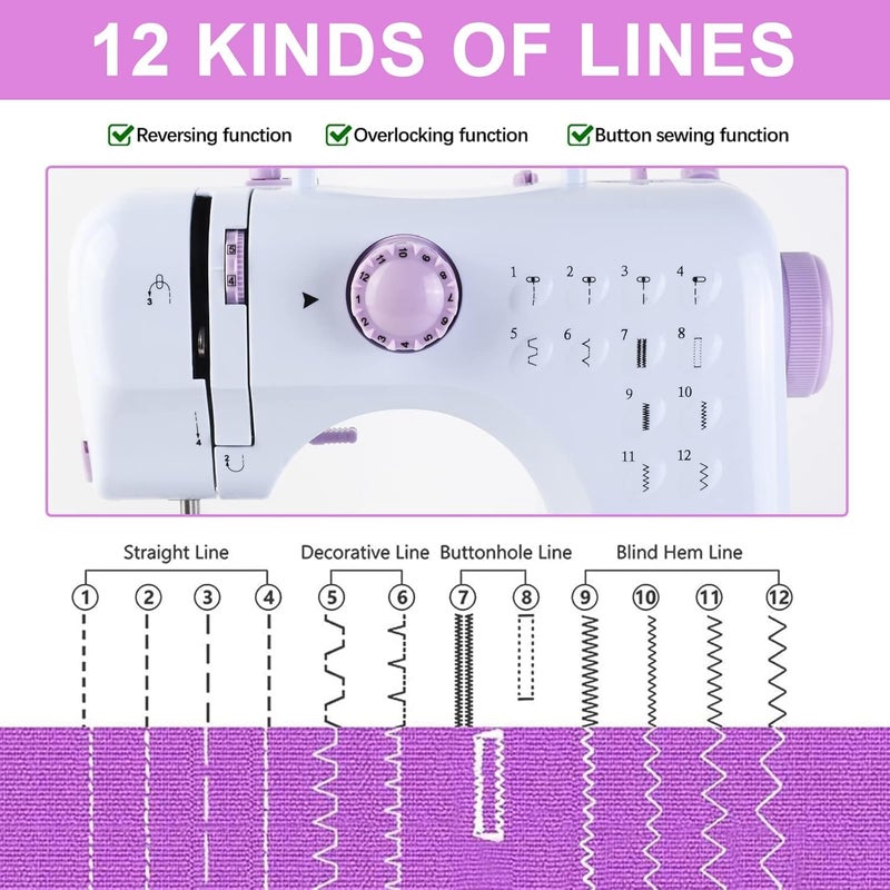 JUCVNB Sewing Machine for Beginners & Kids, Mini Portable Sewing Machines with 12 Built-in Stitch Patterns, 2-Speed Foot Pedal, Perfect for Teaching Daughter Granddaughter to Sew(Purple White) - Image 2