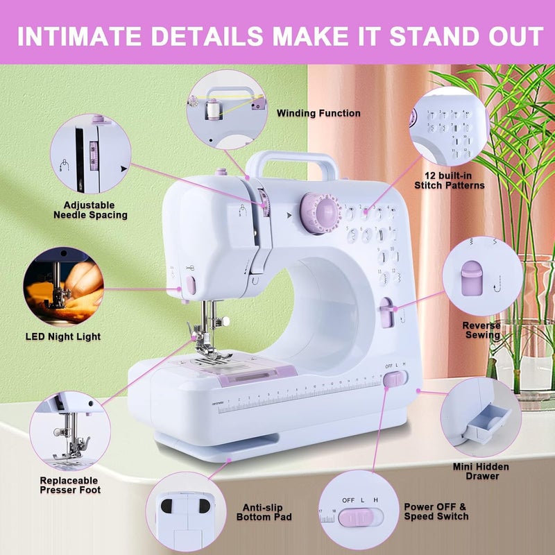 JUCVNB Sewing Machine for Beginners & Kids, Mini Portable Sewing Machines with 12 Built-in Stitch Patterns, 2-Speed Foot Pedal, Perfect for Teaching Daughter Granddaughter to Sew(Purple White) - Image 3
