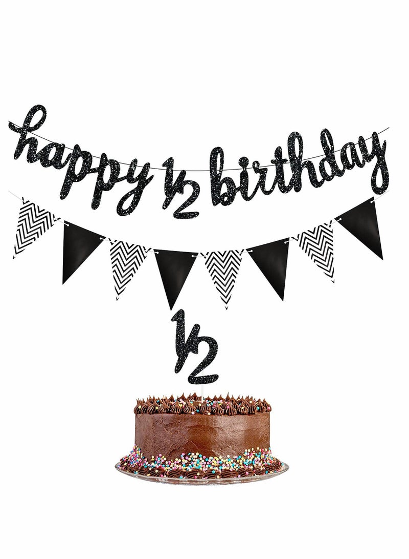 KASTWAVE 6 Months Birthday Banner Happy Birthday Banner Glitter Year Cake Topper Triangle Flag Banner for Half Year Baby Shower Birthday Party Decoration - Image 1