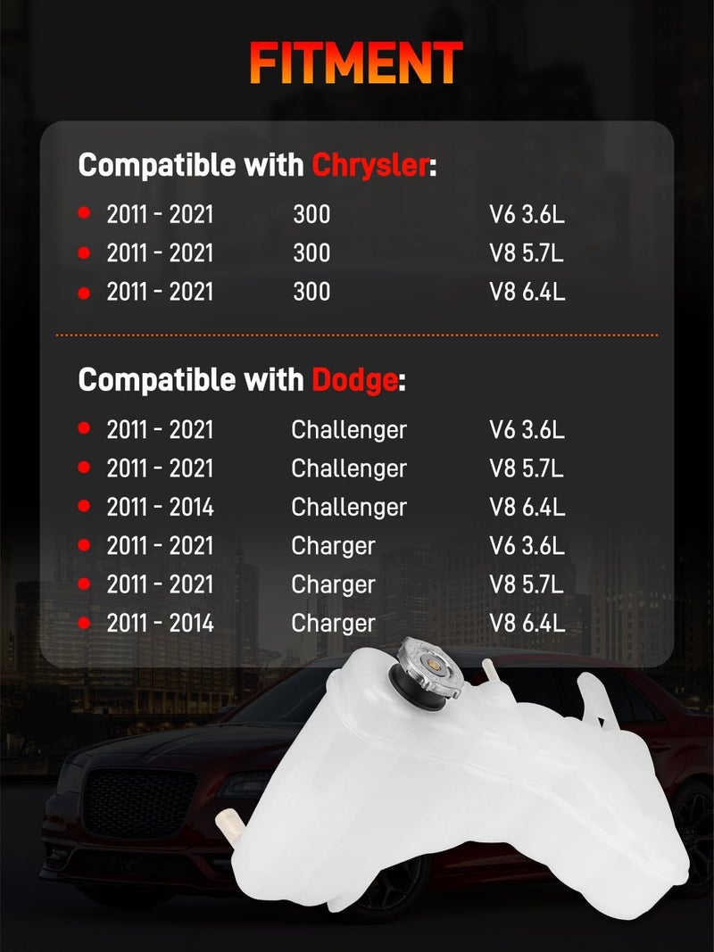 GDUKOP 603-380 Engine Coolant Reservoir Tank with Cap Compatible with Chrysler 300, Dodge Challenger Charger 2011-2023 Replaces# 55111260AF, 55111260AB - Image 2