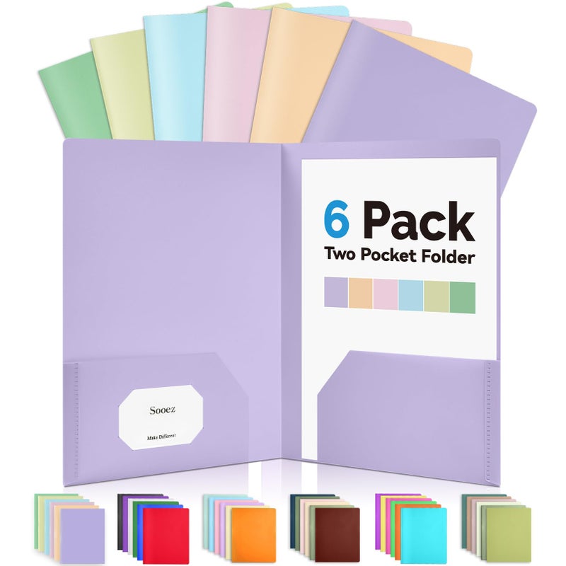 Sooez 6Pack Folders with Pockets, Pastels Colors, Heavy Duty Pocket Folder, Plastic Folders with Pockets, 2-Pocket Folder Bulk, Aesthetic File Folder, Back to School Office Filing Supplies - Image 1