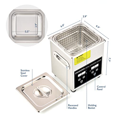 CREWORKS Professional Ultrasonic Cleaning Machine, Ultrasonic Machine with Heater & Timer, Digital Jewelry Ultrasonic Cleaner for Cleaning Denture Dental Oral Irrigator Parts Retainer Glasses, 1.8L - Image 4