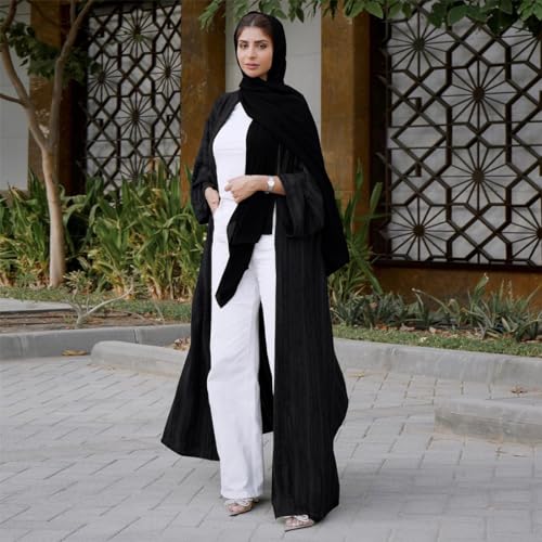 IWEMEK Front Open Abaya for Women Muslim Dress With Hijab - Long Sleeve Cardigan Coat for Winter - 2 Piece Set Muslim Clothes Black+Hijab S - Image 3