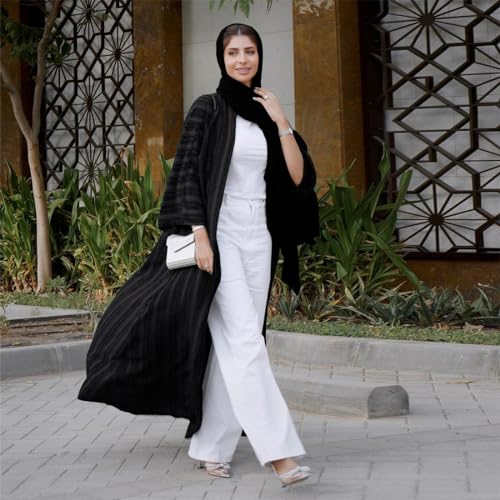 IWEMEK Front Open Abaya for Women Muslim Dress With Hijab - Long Sleeve Cardigan Coat for Winter - 2 Piece Set Muslim Clothes Black+Hijab S - Image 4