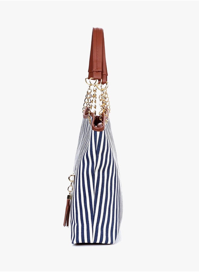 NIBEMINENT Chain Striped Tassel Shoulder Bag Blue  - Image 2