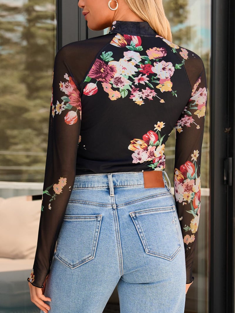 Dealmore Lace Sheer Floral Mesh Mockneck Going Out Tops for Women Fall Fashion Spring Outfits 2026 Clothes Floral Black XL - Image 4