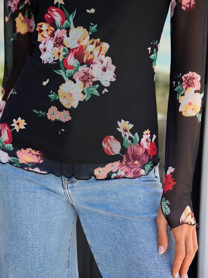 Dealmore Lace Sheer Floral Mesh Mockneck Going Out Tops for Women Fall Fashion Spring Outfits 2026 Clothes Floral Black XL - Image 5
