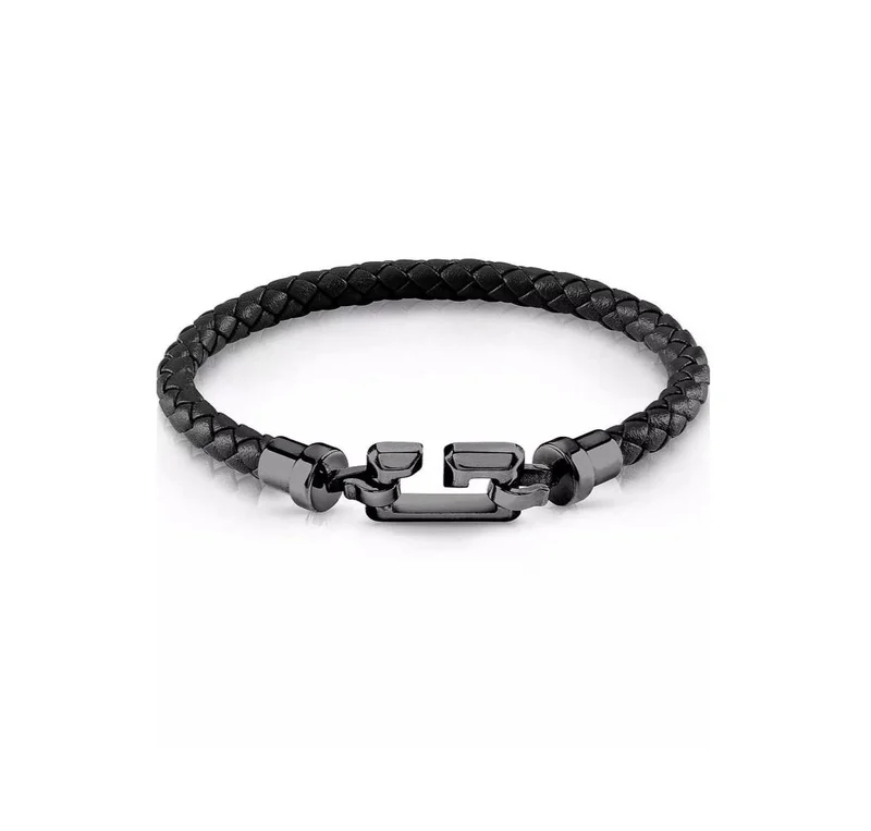 GUESS Mens Black Leather Squared Bracelet