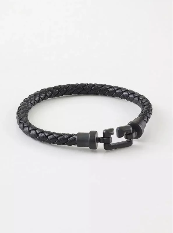 GUESS Mens Black Leather Squared Bracelet