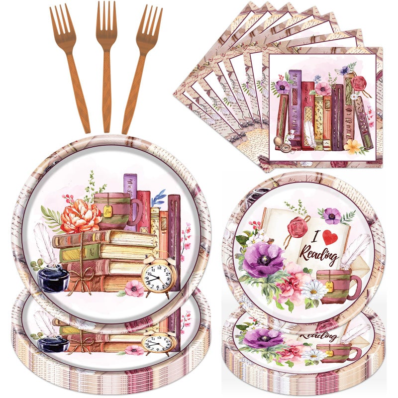 refavor Book Themed Tableware Party Decorations, 96PCS Book Party Paper Plates Napkins Forks Supplies, Disposable Book Club Library Reading Party Plates Dinnerware Decor - Image 1