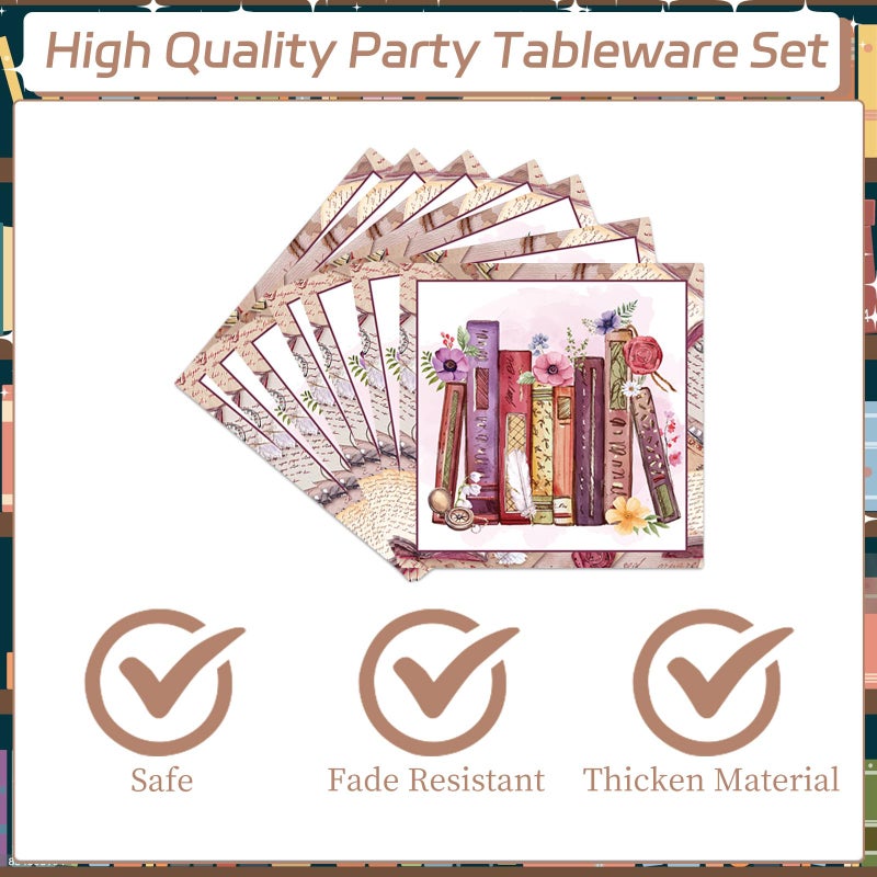 refavor Book Themed Tableware Party Decorations, 96PCS Book Party Paper Plates Napkins Forks Supplies, Disposable Book Club Library Reading Party Plates Dinnerware Decor - Image 3