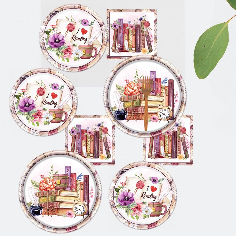 refavor Book Themed Tableware Party Decorations, 96PCS Book Party Paper Plates Napkins Forks Supplies, Disposable Book Club Library Reading Party Plates Dinnerware Decor - Image 5