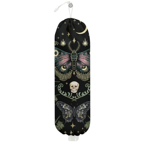 CFGBFDGH Gothic Moth Butterfly Plastic Bag Holder, Wall Mount Grocery Bag Holder, Plastic Storage bag, Pull Rope Free Adjustment, Plastic Bag Holders for Grocery Bags, Plastic Bag Dispenser for Home Kitchen - Image 1