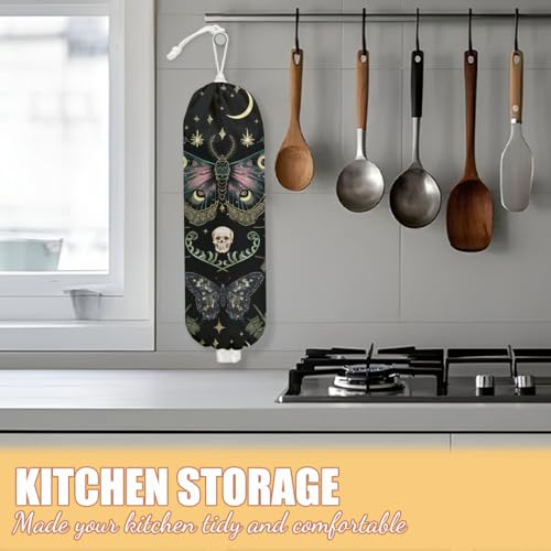 CFGBFDGH Gothic Moth Butterfly Plastic Bag Holder, Wall Mount Grocery Bag Holder, Plastic Storage bag, Pull Rope Free Adjustment, Plastic Bag Holders for Grocery Bags, Plastic Bag Dispenser for Home Kitchen - Image 5