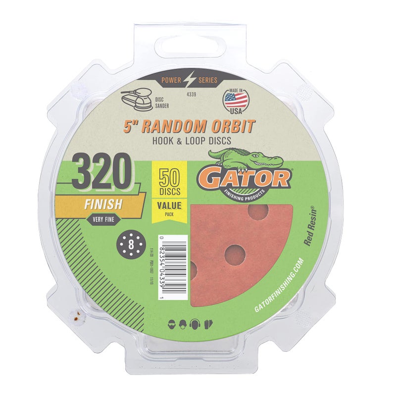 Gator 5" Random Orbit Hook & Loop Red Resin Aluminum Oxide Sanding Discs, 8-Hole, 320 Grit, 50 Pack - Image 1