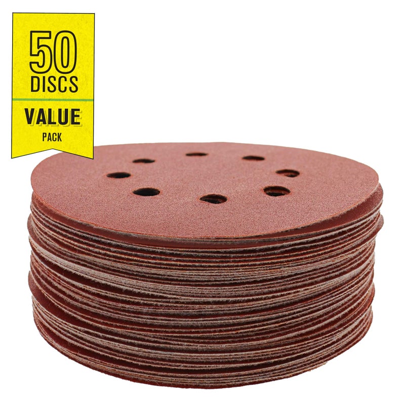 Gator 5" Random Orbit Hook & Loop Red Resin Aluminum Oxide Sanding Discs, 8-Hole, 320 Grit, 50 Pack - Image 2