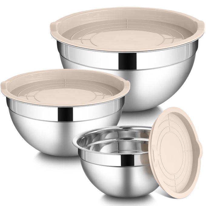 MIXING BOWLS WITH AIRTIGHT LIDS SETS 3 PACKS STAINLESS STEEL METAL MIXING BOWLS IDEAL FOR PREPPING COOKING STORAGE SERVING FREEZER DISHWASHER SAFE KHAKI