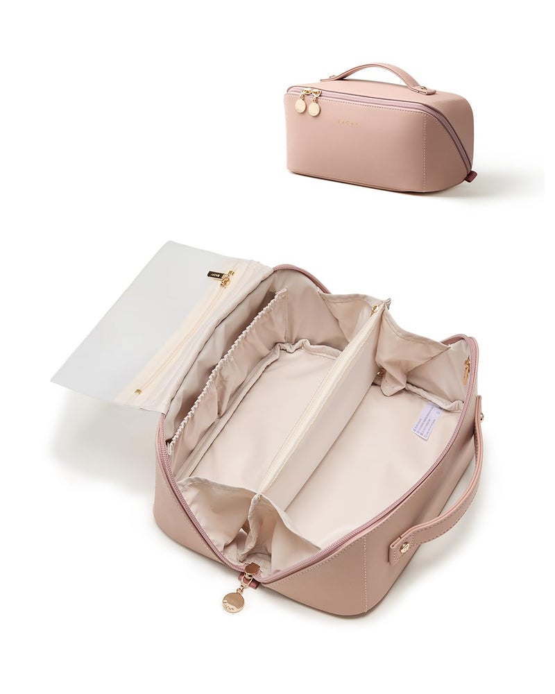 EACHY Travel Makeup Bag,Large Capacity Cosmetic Bags for Women,Waterproof Portable Pouch Open Flat Toiletry Bag Make up Bag with Divider and Handle - Image 1