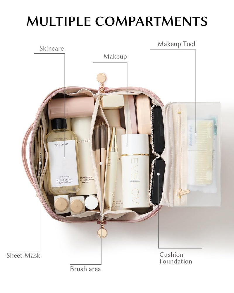 EACHY Travel Makeup Bag,Large Capacity Cosmetic Bags for Women,Waterproof Portable Pouch Open Flat Toiletry Bag Make up Bag with Divider and Handle - Image 4