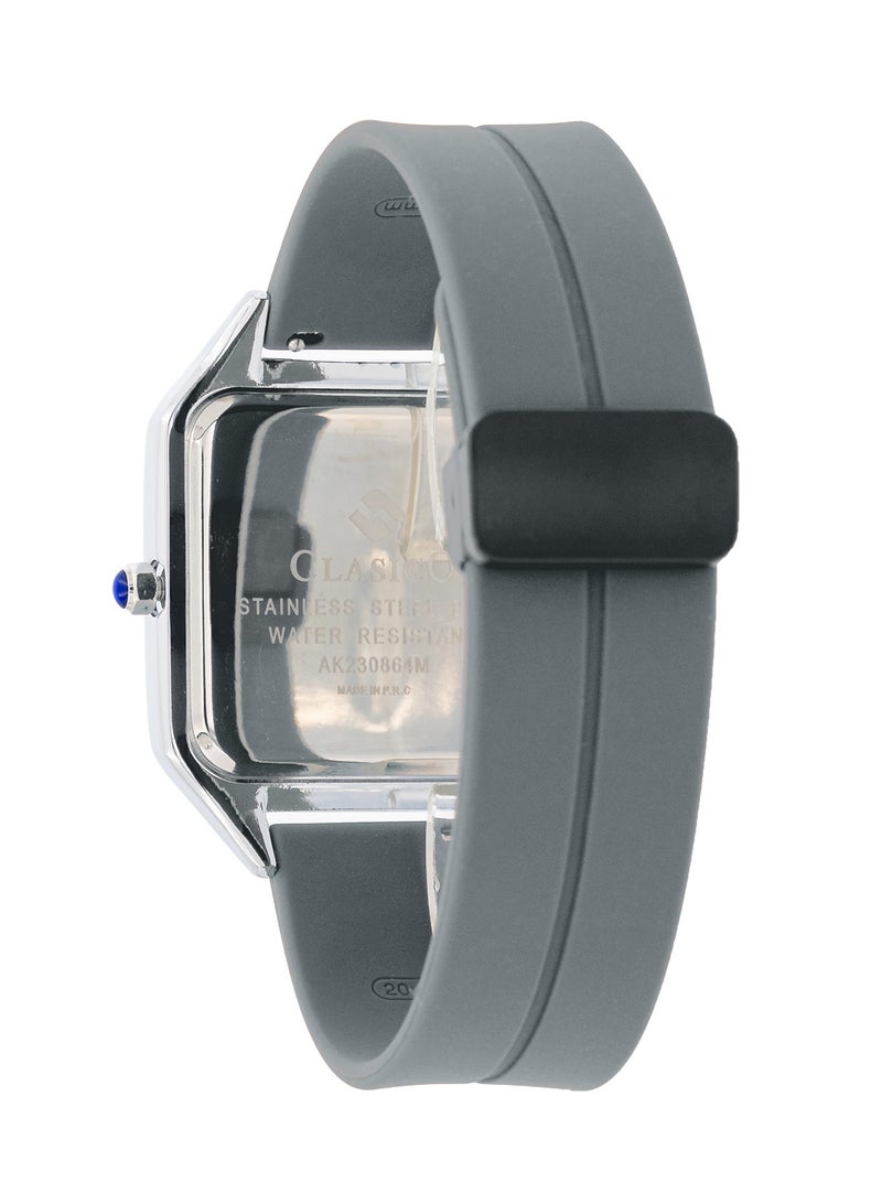 Clasico ساعة روبيكس كواتز مينيمال – رمادي وفضي | قرص مربع | تصميم بسيط مع حزام سيليكون فاخر وقفل مغناطيسي – حركة كواتز من عيار إيلت Y121 – تصميم مقاوم للماء - Image 4